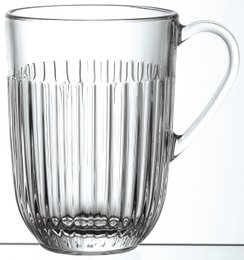 Set of 6 clear glass mugs with vertical ribbed pattern, 36 cl capacity.