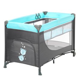 A baby cot in a light blue color with a gray frame. The cot has a simple, modern design and includes features like a storage compartment and mesh sides for ventilation.