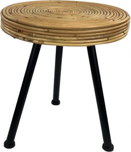 Rieten krukje met metalen poten van Naturn Living | Ronde handgemaakte kruk | Natuurlijke bijzettafel | Rotan kruk | Metalen driepoot kruk | Bruin