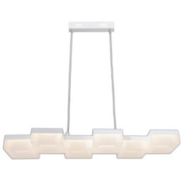A modern, rectangular LED pendant light with 6 white glass shades suspended from a silver-colored metal frame.