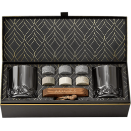 The Connoisseur's Set - Signature Whiskey Glass Edition is a premium cocktail set featuring a stylish geometric pattern design, whiskey glasses, and whiskey stones for an elevated drinking experience.