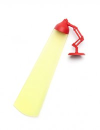 A red and yellow book marker with a lamp-like design, suitable for use as a bookmark or decorative item.