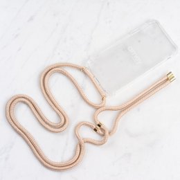 Sand-colored phone case with a cord strap for iPhone and Samsung Galaxy models.