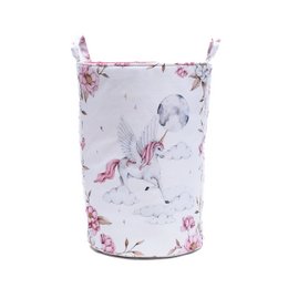 Large pink and white storage basket with unicorn and floral print design, suitable for storing toys, clothes, or other items in a child's room.