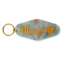  Turquoise glitter keychain with "mama" text and gold heart shape, retro motel key style.