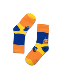 Colorful children's socks with a mouse and elephant design in blue, yellow, and orange.