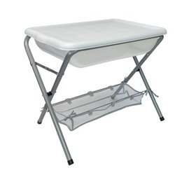  A transparent plastic activity tub with a metal frame and storage shelf below. The tub is designed for sensory play and exploration.