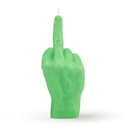 A neon green candle in the shape of a hand giving the middle finger gesture. The candle is packaged in a white box with the text "F*ck you" printed on it.