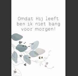 A Christian poster featuring a floral design with the text "Because He lives, I am not afraid of tomorrow" in Dutch.