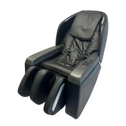  A black massage chair with a red start button on the side. The chair has a sleek, modern design and appears to be made of high-quality materials.