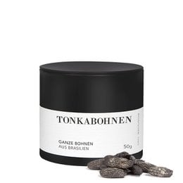 Premium tonka beans in a 50g can. Dark brown, oblong-shaped beans with a distinctive aroma and flavor.