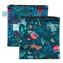 Reusable snack bags with jungle animals, tropical prints, teal blue green fabric, large size two pack