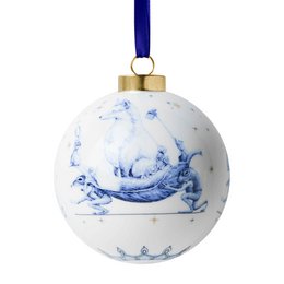 Round white ceramic Christmas ornament with blue Delft pattern, zodiac Virgo design, navy ribbon hanger
