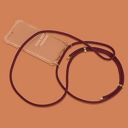 A burgundy-colored smartphone case with a braided cord strap. The case appears to be made of a durable material and has a simple, minimalist design.