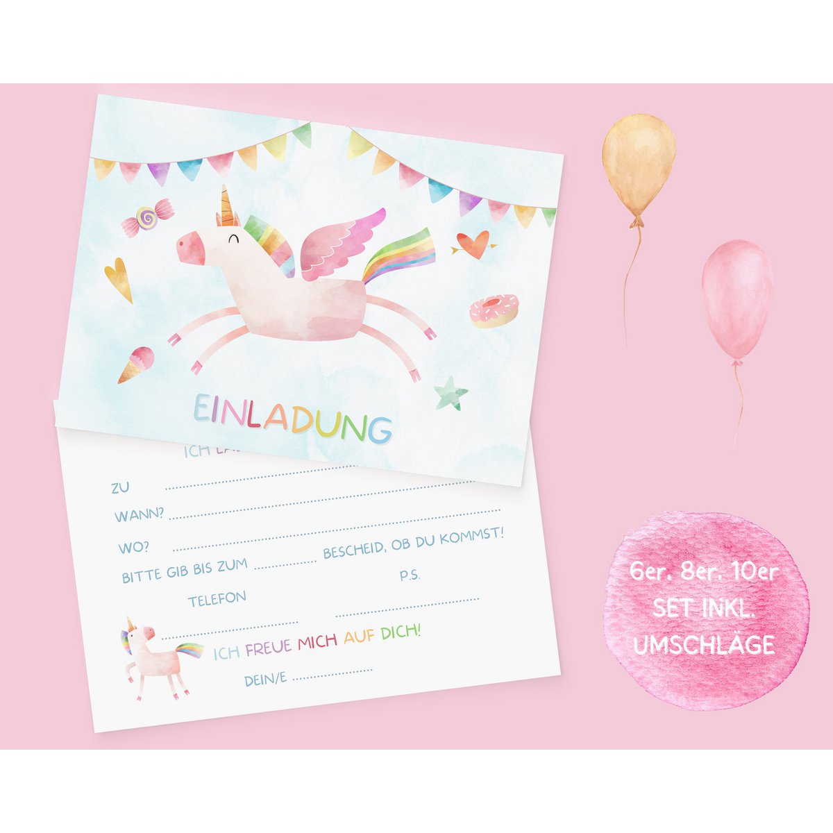 Inviti Compleanno Unicorno - Set 20 Biglietti Per Festa Bambini, Plastificati, Con Recapiti