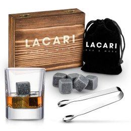Set of 9 volcanic stone whiskey cubes for chilled drinks without watering down, includes wooden box and velvet pouch.
