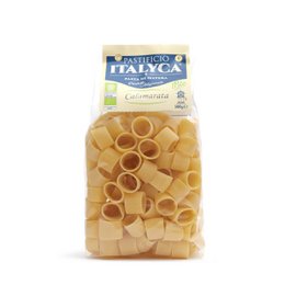  Organic artisan pasta from Italy, featuring calamarata pasta in a golden yellow color.
