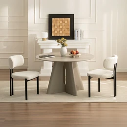  Cream boucle dining chair, curved backrest, black metal legs, modern minimalist style, set of two