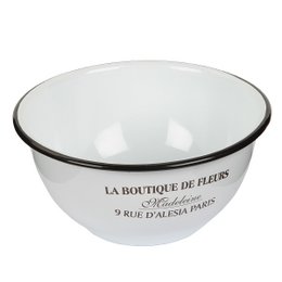 Enamel bowl with text "La Boutique de Fleurs" in white and black text on a white background.

The enamel bowl has a classic, simple design with a white interior and a black rim. The exterior features the text "La Boutique de Fleurs" printed in white and black, indicating this is a decorative item likely used for displaying or storing flowers or other small items. The bowl has a round, shallow shape suitable for a variety of uses in the home or kitchen.