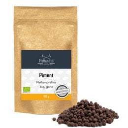 Organic whole allspice berries, 100g. Aromatic spice with a warm, slightly sweet and peppery flavor. Ideal for seasoning meats, stews, and baked goods.