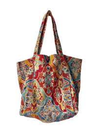 Ornament print tote bag with vibrant, colorful paisley and floral patterns. Made of durable fabric with sturdy handles for everyday use.