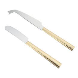 Set of 2 golden hammered cheese servers. Stainless steel blades with hammered gold-tone handles. Ideal for serving cheese, appetizers, or desserts.