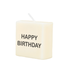 Cream-colored square candle with "HAPPY BIRTHDAY" text printed on it. Suitable for birthday celebrations.