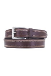 Dark brown buffalo leather belt with contrast stitching, suitable for casual and formal wear.
