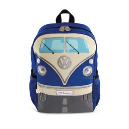 Blue and beige backpack with Volkswagen VW T1 Bus design, small size, suitable for everyday use.
