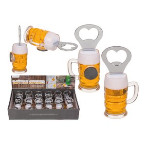 Flesopener bierglas, met magneet, gemaakt van geel metaal (B/H/D) 3x10x3cm