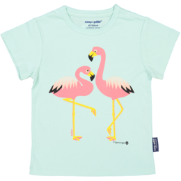 Short sleeve t-shirt featuring a flamingo graphic design in pink and yellow colors. Made for kids, available in sizes 2 ans, 4 ans, 6 ans, and 8 ans.