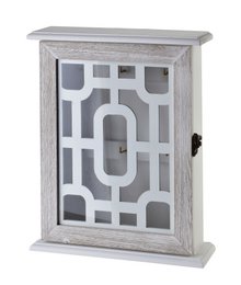  A gray wooden key box with a geometric pattern on the glass door. The key box measures 19.5x6x24.5cm and is suitable for desktop organization.