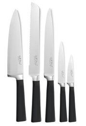 A set of 5 white knives in a wooden block. The knives have black handles and appear to be made of high-quality stainless steel. The set includes various knife sizes suitable for different kitchen tasks.