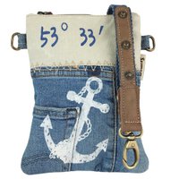 Sunsa duurzame schoudertas voor dames. Schoudertas gemaakt van gerecyclede jeans & canvas (canvas). Handtas vintage retro stijl. Crossbodytas voor dames met maritiem ankermotief