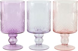 A set of 3 glass goblets in various pastel colors, featuring a textured diamond pattern design. The goblets are suitable for serving beverages and can be used for a variety of occasions.