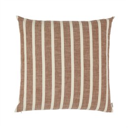  A square cushion cover with a striped pattern in neutral tones of beige and brown. The cover has a textured, woven appearance and would complement a variety of home decor styles.
