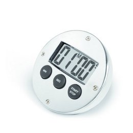Aluminium digital kitchen timer with LCD display and three control buttons for setting time. Compact and sleek design suitable for use in the kitchen.