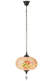  Hanging glass and metal pendant lamp in an orange mosaic design. Features a round, dome-shaped shade with a decorative pattern.