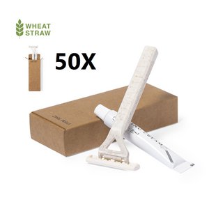 50 x SHAVING SET WITH RAZOR AND SHAVING GEL (8Gr). CONTENTS:DOUBLE-BLADED RAZOR WITH BODY MADE IN WHEAT STRAW, PROMOTING THE USE OF NATURAL RAW MATERIALS AND REDUCING POLLUTANT EMISSIONS. SHAVING GEL IN 8 G TUBE WITH SCREW CAP.10.5 x 2.5 x 4.5 cm