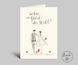 Folded wedding congratulations card with envelope, featuring a bride and groom illustration and a heartfelt message.