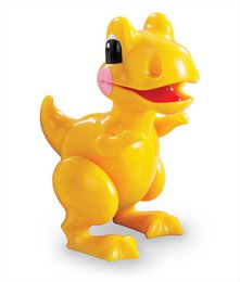 Bright yellow plush dinosaur toy with a friendly expression and large eyes. Suitable for young children to play with and explore.