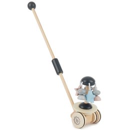 A wooden push toy with a carousel-like design, featuring a handle and various shapes and colors for a baby to push and play with.