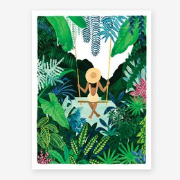 A vibrant, tropical poster featuring a woman surrounded by lush, green foliage and plants. The poster has a stylized, artistic design with a focus on the natural elements.