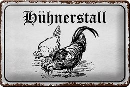 Vintage tin sign featuring a rooster illustration with the text "Hühnerstall" (chicken coop in German). The sign has a rustic, distressed appearance and is suitable for decorating a farmhouse, country-style kitchen, or chicken coop.