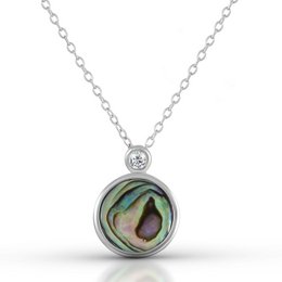 A silver-toned necklace with a round pendant featuring a colorful abalone shell design and a small diamond accent.