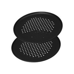  Set of 2 perforated pizza plates, 32 cm, black color, for baking and serving pizza.