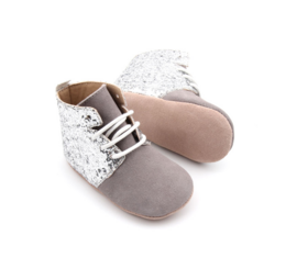 Gray suede and glitter soft-soled ankle boots for babies, available in sizes 17-22.
