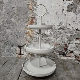  White tiered tray stand, three-tier etagere, round shallow trays, metal frame, vintage farmhouse style display stand