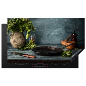 Inductie beschermer - Kruiden - Specerijen - Pan - Mes - Grijs - Rustiek - Kookplaataccessoires - Afdekplaat voor kookplaat - Inductiebeschermer - Inductiemat - Inductieplaat mat - Keuken decoratie
