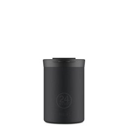 White travel tumbler with black lid, 350ml capacity, made of durable materials.